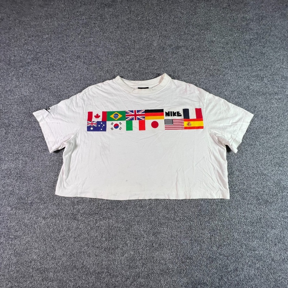 Nike Crop T-Shirt Womens Large White World Flags Graphic CJ3223-100 Athleisure